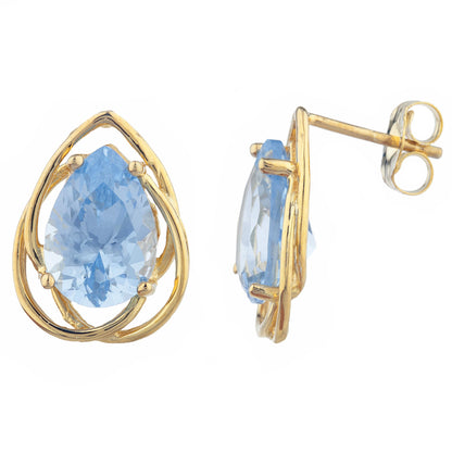 14Kt Yellow Gold Plated Aquamarine Pear Teardrop Design Stud Earrings