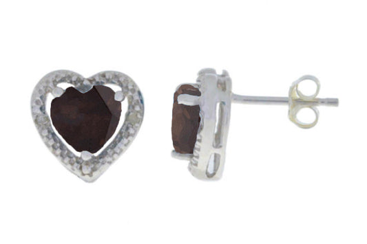 2 Ct Genuine Smoky Topaz & Diamond Heart Stud Earrings .925 Sterling Silver