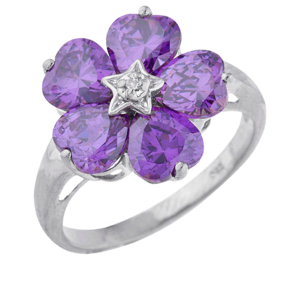 14Kt Gold Amethyst & Diamond Heart Flower Design Ring