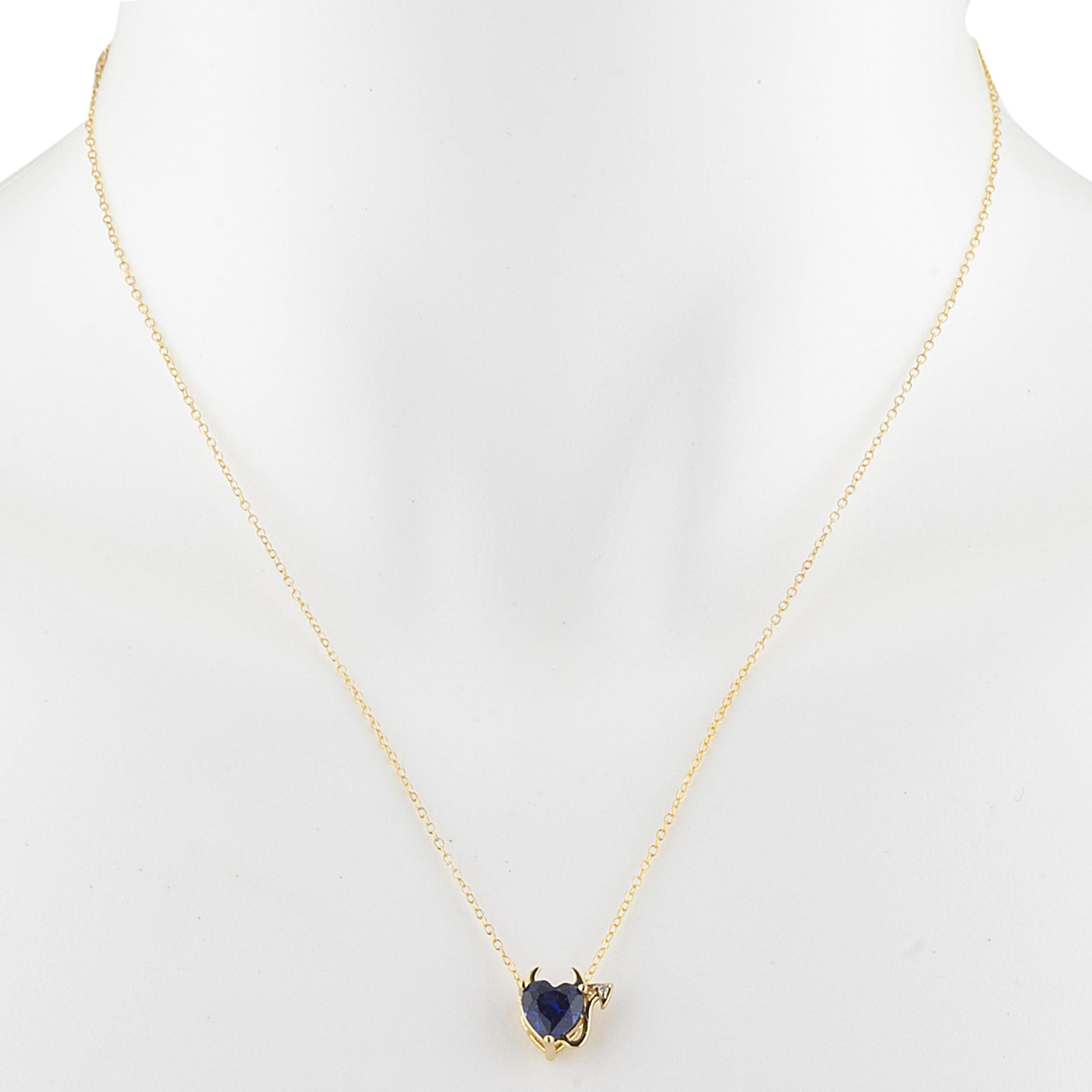 14Kt Gold 1.5 Ct Blue Sapphire & Diamond Devil Heart Pendant Necklace