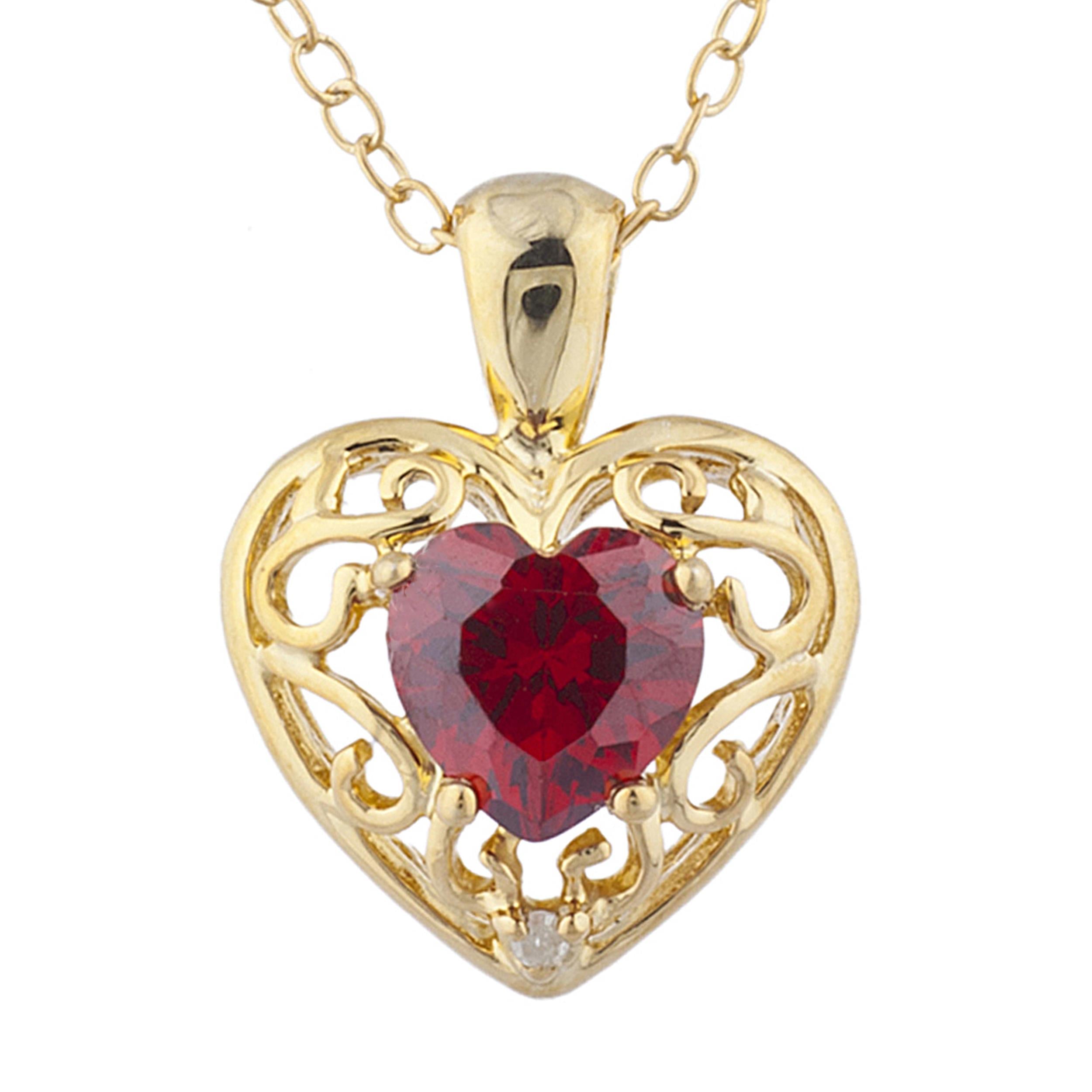 14Kt Gold Garnet & Diamond Heart LOVE ENGRAVED Pendant Necklace