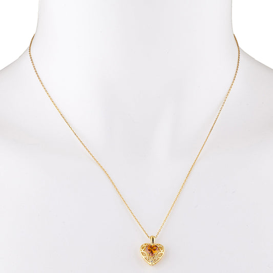 14Kt Gold Orange Citrine & Diamond Heart LOVE ENGRAVED Pendant Necklace