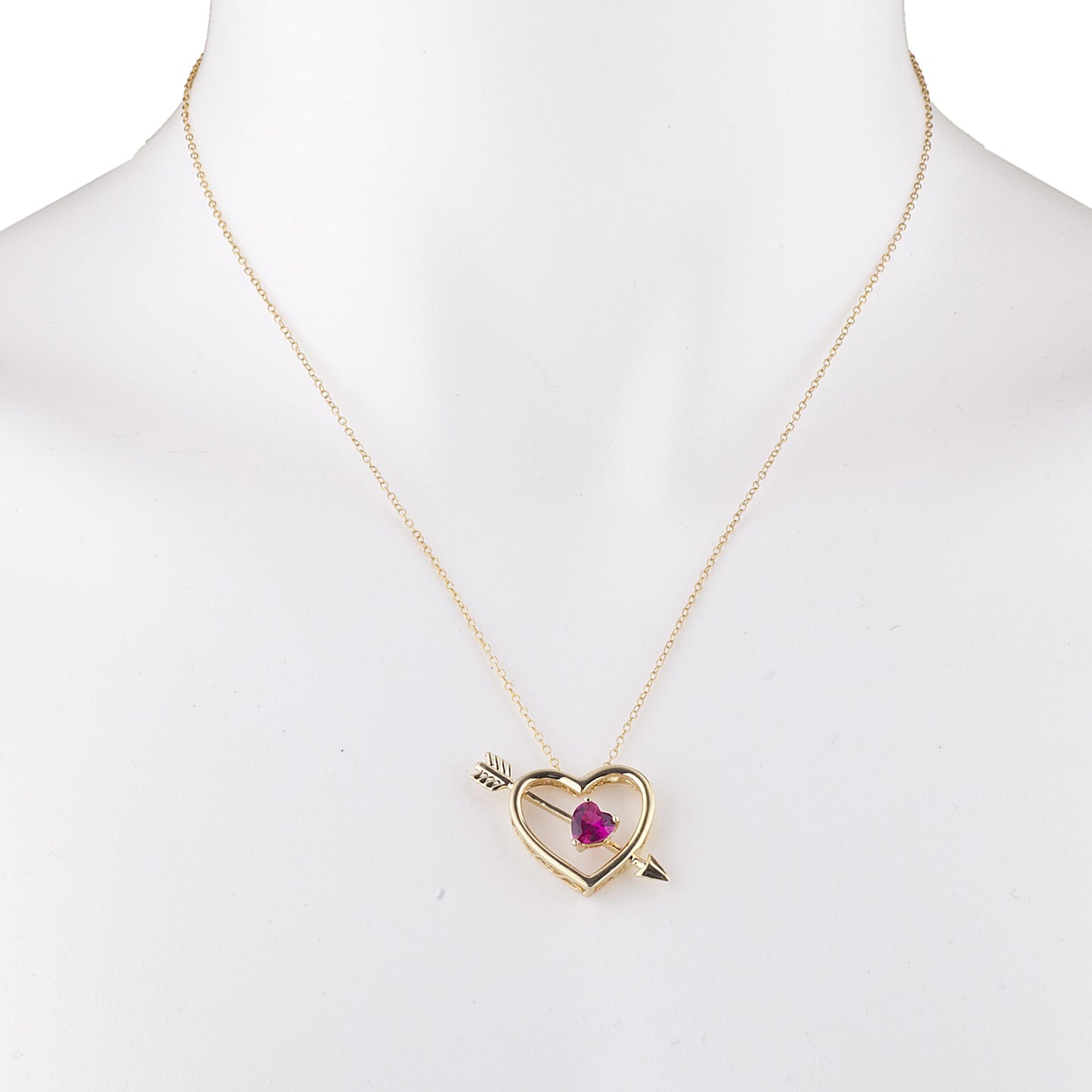 14Kt Gold Created Ruby Heart Bow & Arrow Pendant Necklace