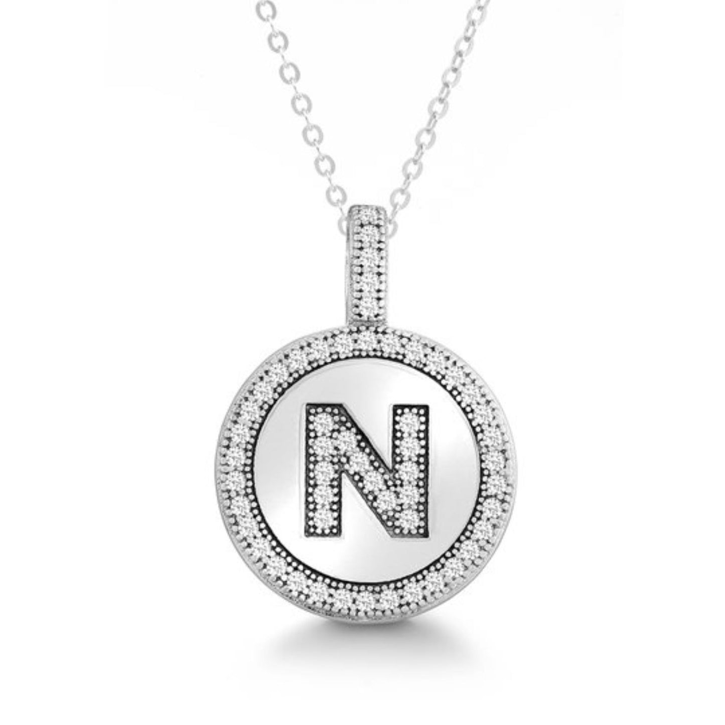 Letter N Micro Pave Initial CZ Pendant .925 Sterling Silver