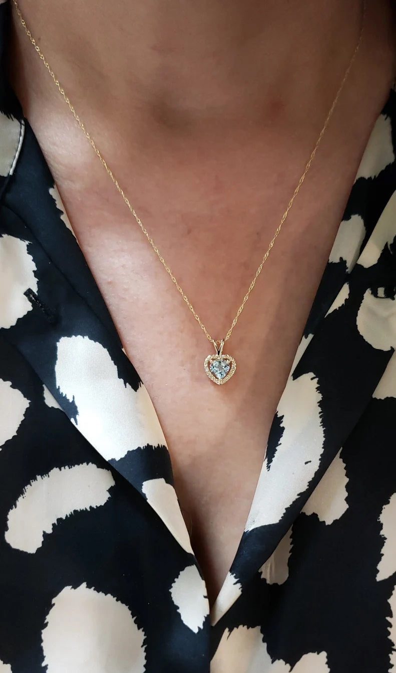 14Kt Gold Genuine Aquamarine Diamond Heart Necklace Pendant