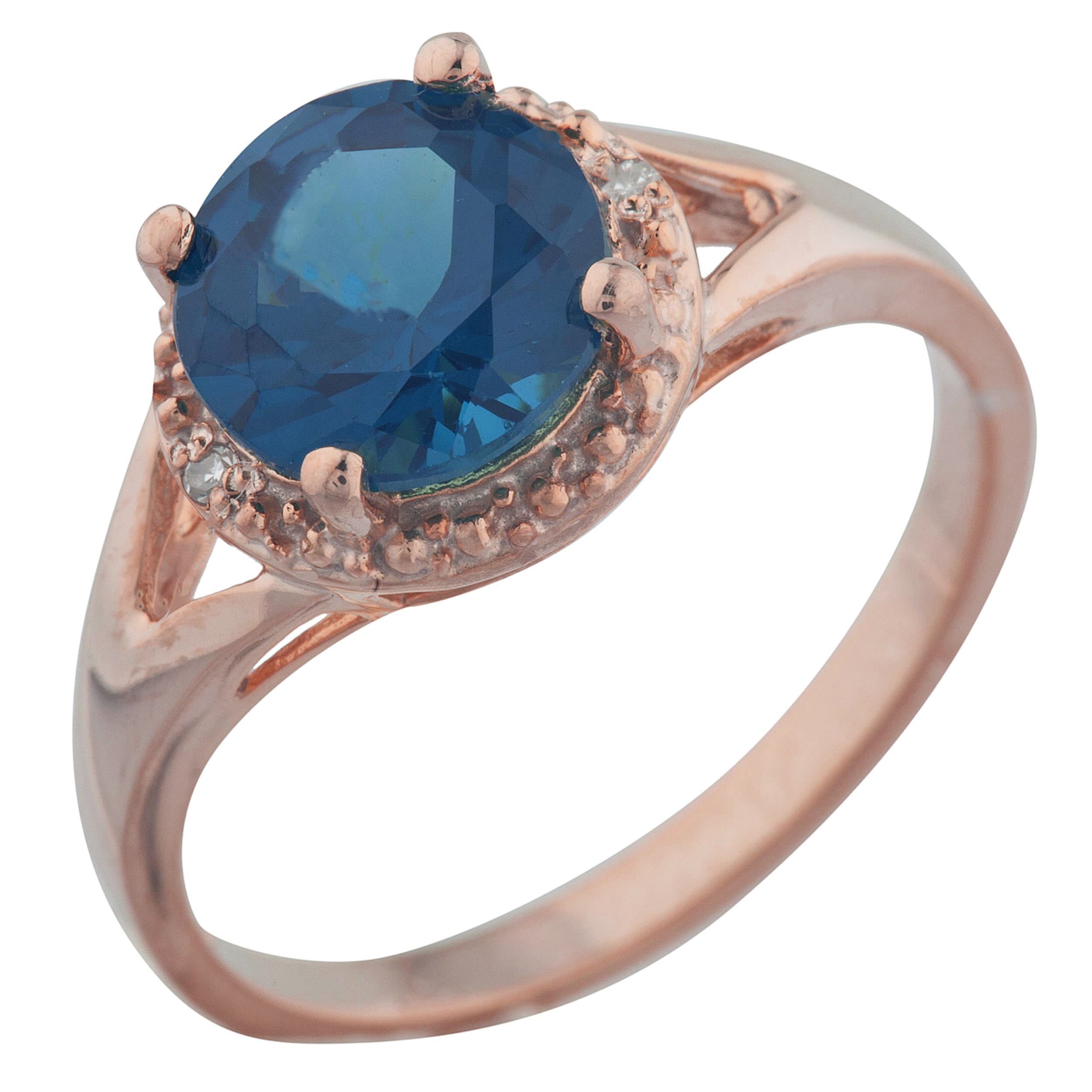 14Kt Gold 2 Ct London Blue Topaz & Diamond Halo Design Round Ring