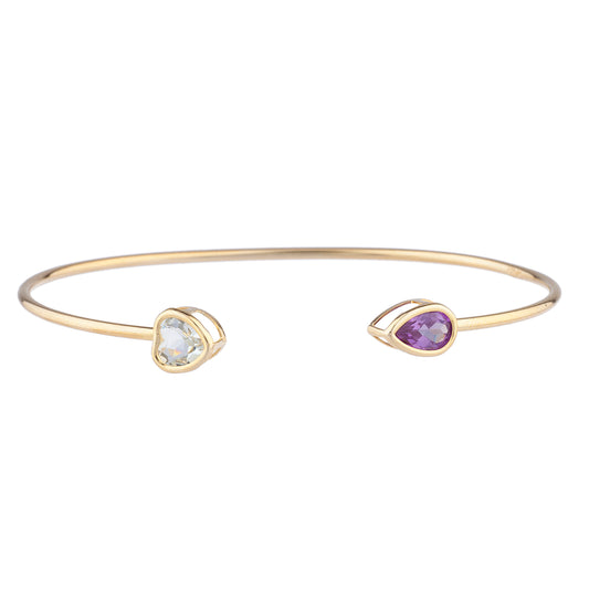 Aquamarine Heart & Amethyst Pear Bezel Bangle Bracelet 14Kt Yellow Gold Plated Over .925 Sterling Silver