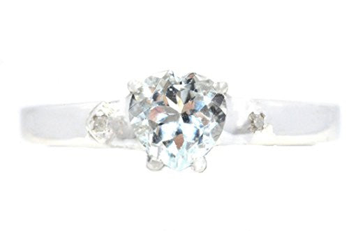 1 Ct Genuine Aquamarine & Diamond Heart Ring .925 Sterling Silver Rhodium Finish