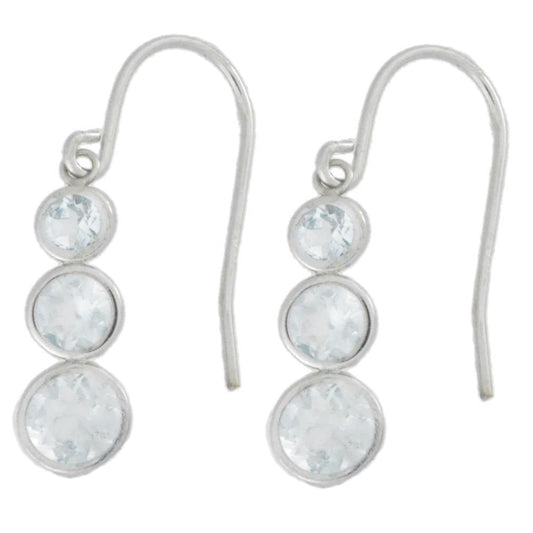 3 Bezel Genuine Aquamarine Dangle Earrings .925 Sterling Silver