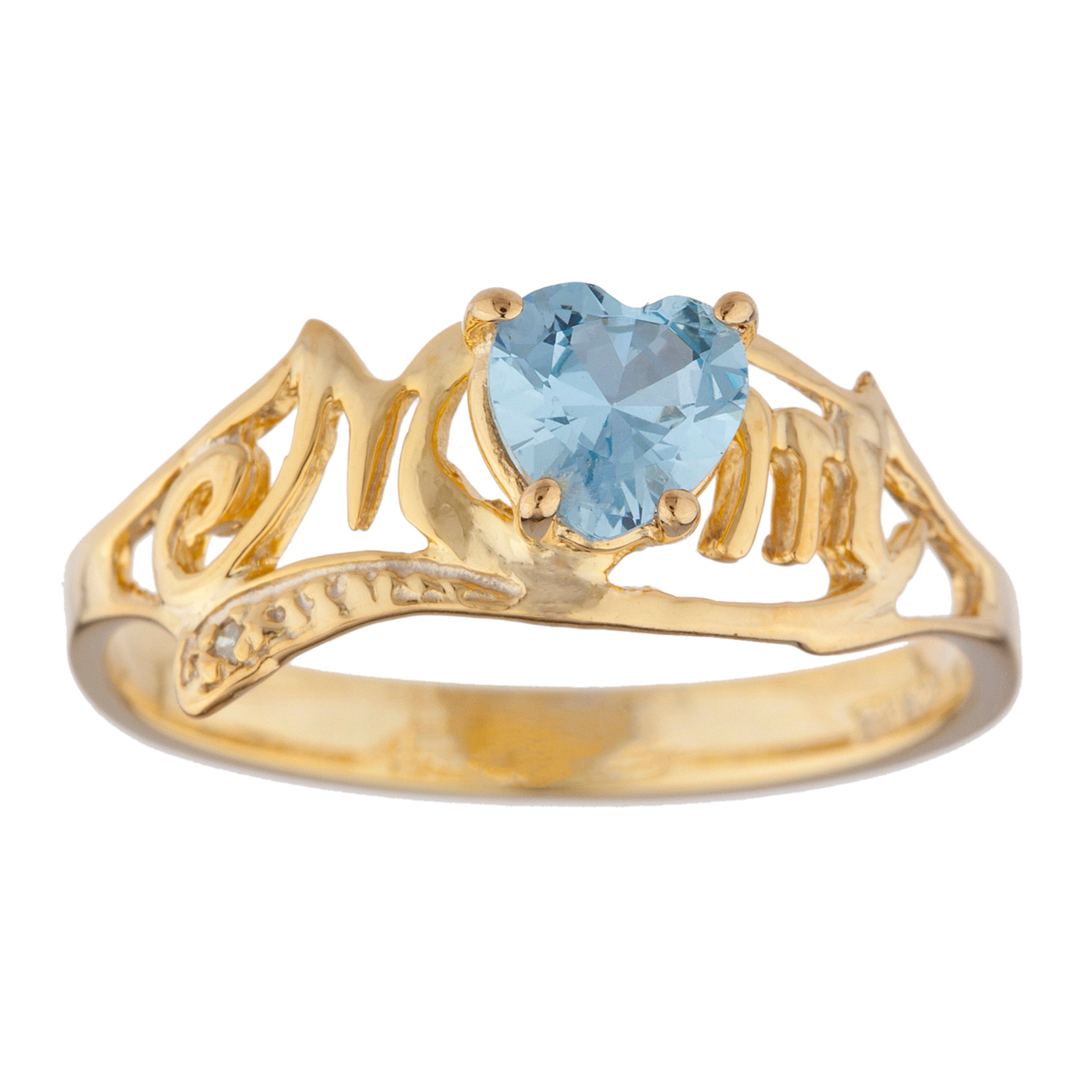 14Kt Gold Aquamarine & Diamond Heart Mom Ring