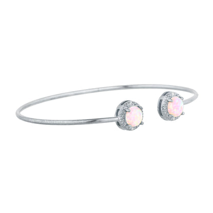 Pink Opal & Diamond Round Bangle Bracelet .925 Sterling Silver