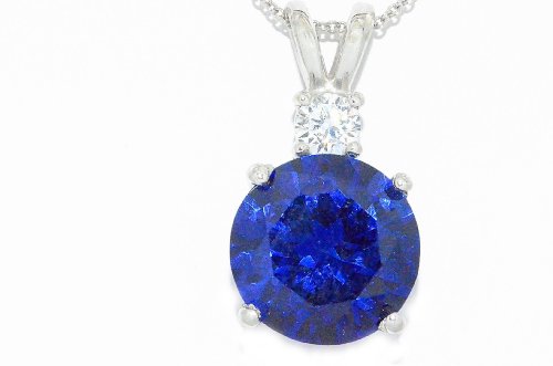 4 Ct Created Blue Sapphire & Zirconia Round Pendant .925 Sterling Silver Rhodium Finish