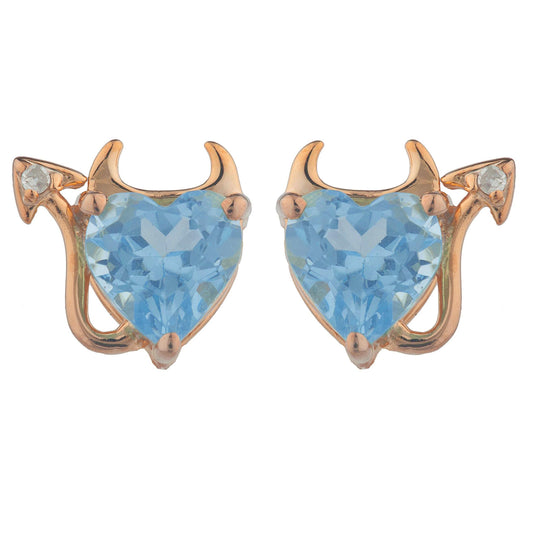 Blue Topaz & Diamond Devil Heart Stud Earrings 14Kt Rose Gold Plated