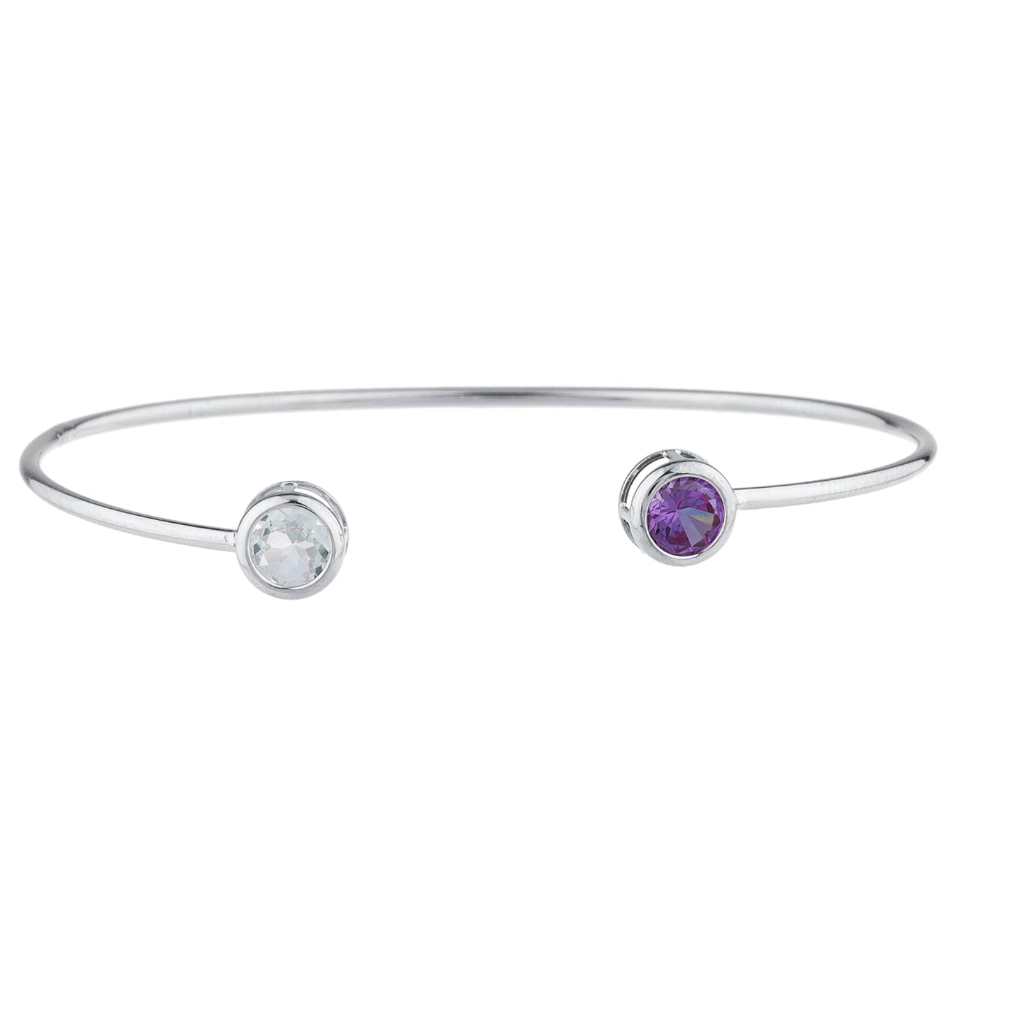 14Kt Gold Genuine Aquamarine & Amethyst Round Bezel Bangle Bracelet