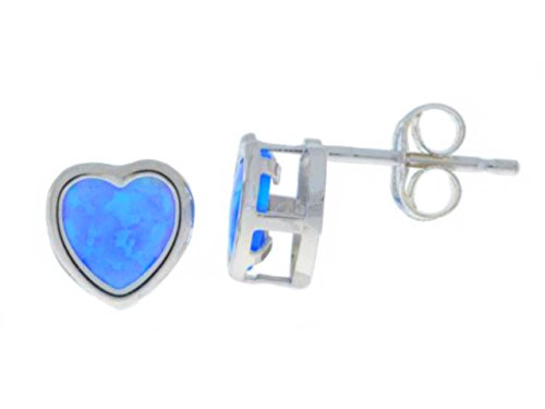 14Kt White Gold Blue Opal Heart Bezel Stud Earrings