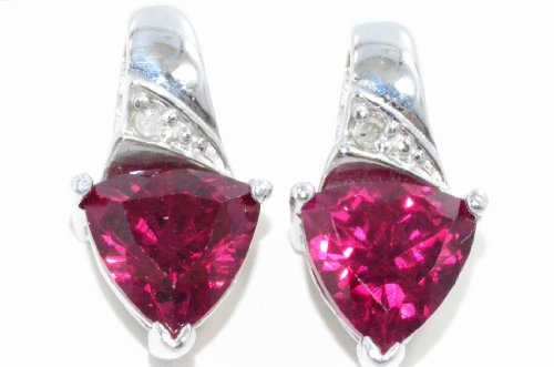 3 Ct Created Ruby Trillion Diamond Stud Earrings .925 Sterling Silver