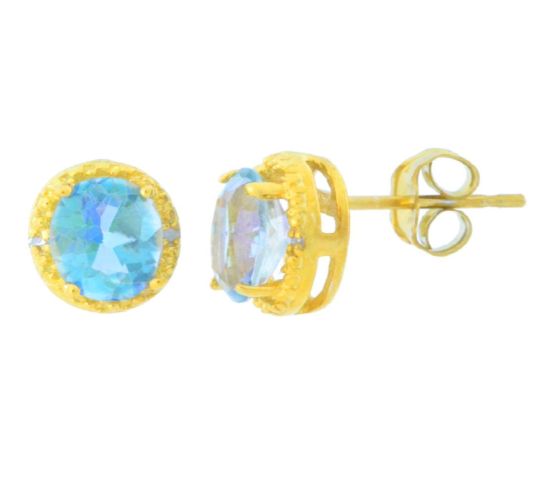 2 Ct Genuine Blue Mystic Topaz & Diamond Round Stud Earrings 14Kt Yellow Gold Plated