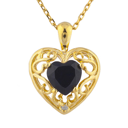 14Kt Gold Genuine Black Onyx & Diamond Heart LOVE ENGRAVED Pendant Necklace