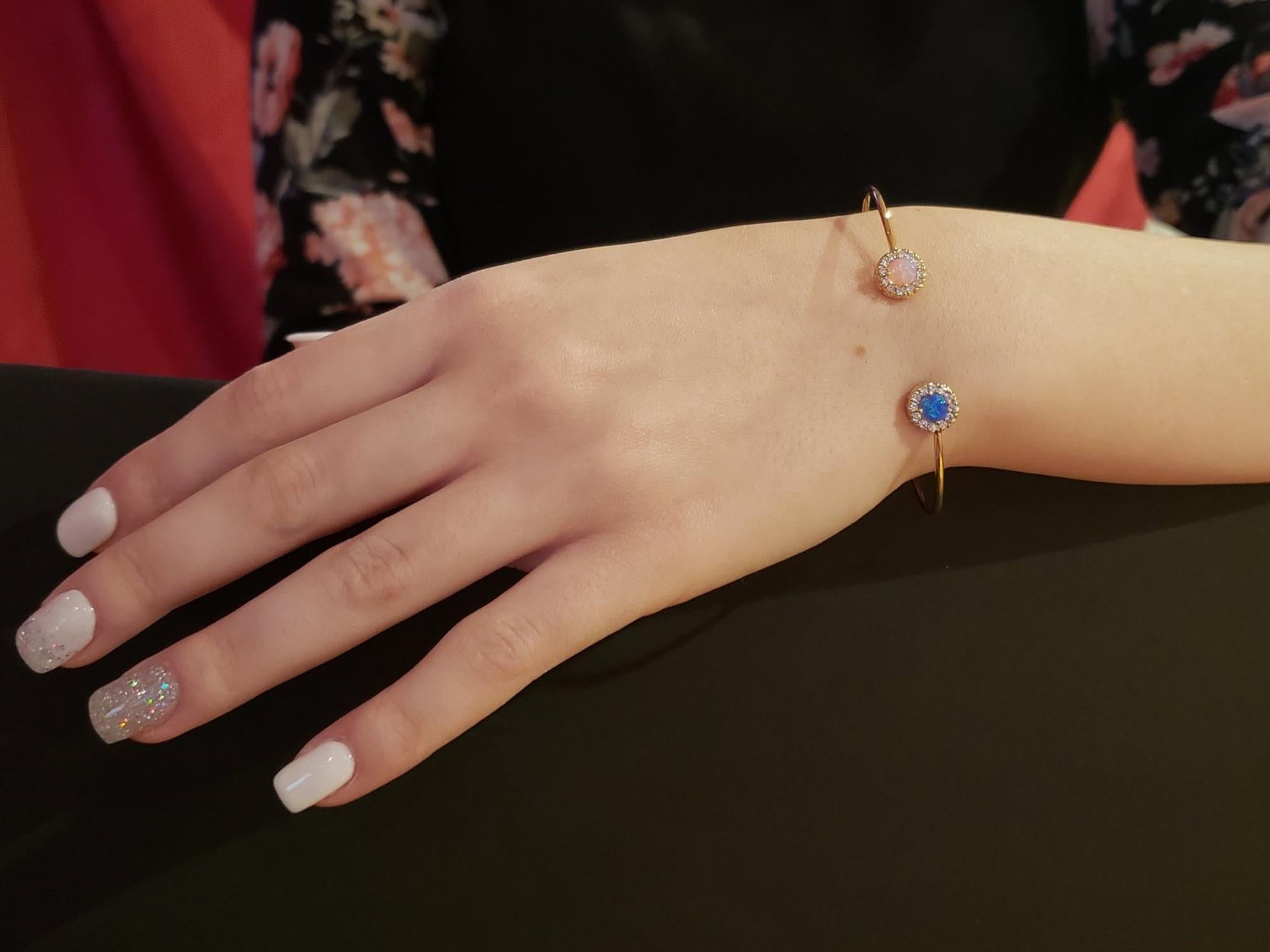 14Kt Gold Blue & Pink Opal Halo Design Bangle Bracelet