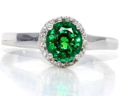 1 Ct Created Emerald & Diamond Round Ring .925 Sterling Silver Rhodium Finish