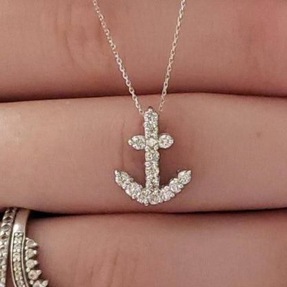 14Kt Gold 0.35 Ct Genuine Natural Diamond Anchor Cross Pendant Necklace