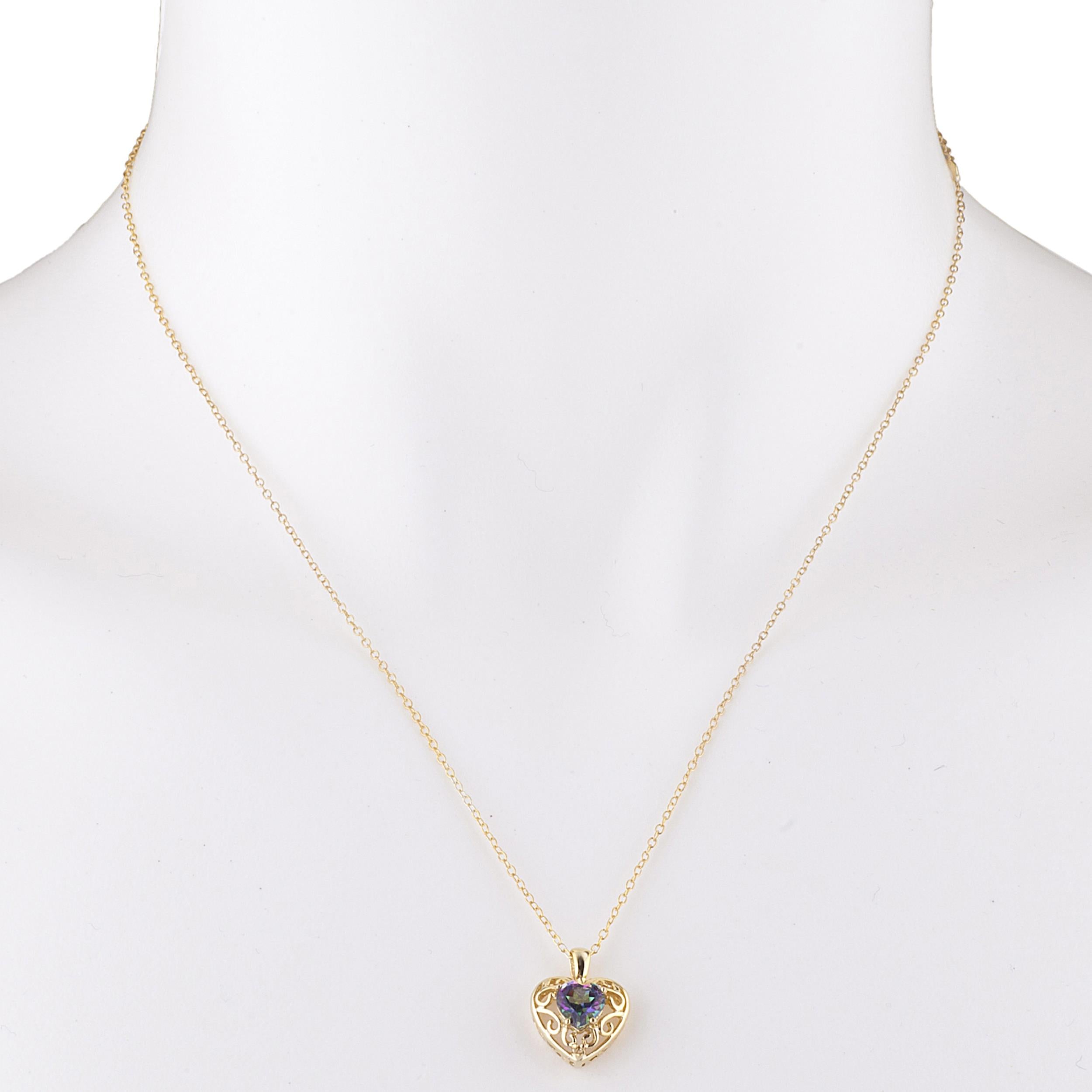 14Kt Gold Natural Mystic Topaz & Diamond Heart LOVE ENGRAVED Pendant Necklace