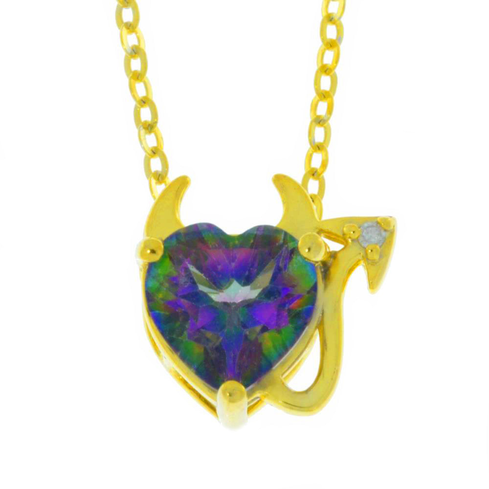 14Kt Yellow Gold Plated Natural Mystic Topaz & Diamond Devil Heart Pendant