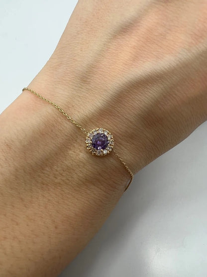 14Kt Gold Amethyst Halo Round Bracelet