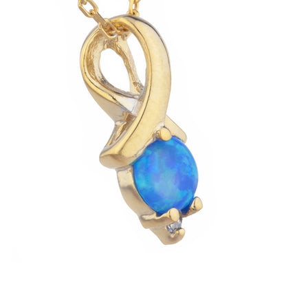 14Kt Yellow Gold Plated Blue Opal & Diamond Round Design Pendant