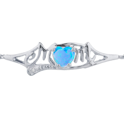 Blue Opal & Diamond Heart Mom Bracelet .925 Sterling Silver