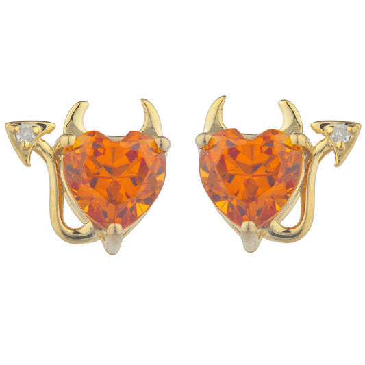 14Kt Gold Orange Citrine & Diamond Devil Heart Stud Earrings