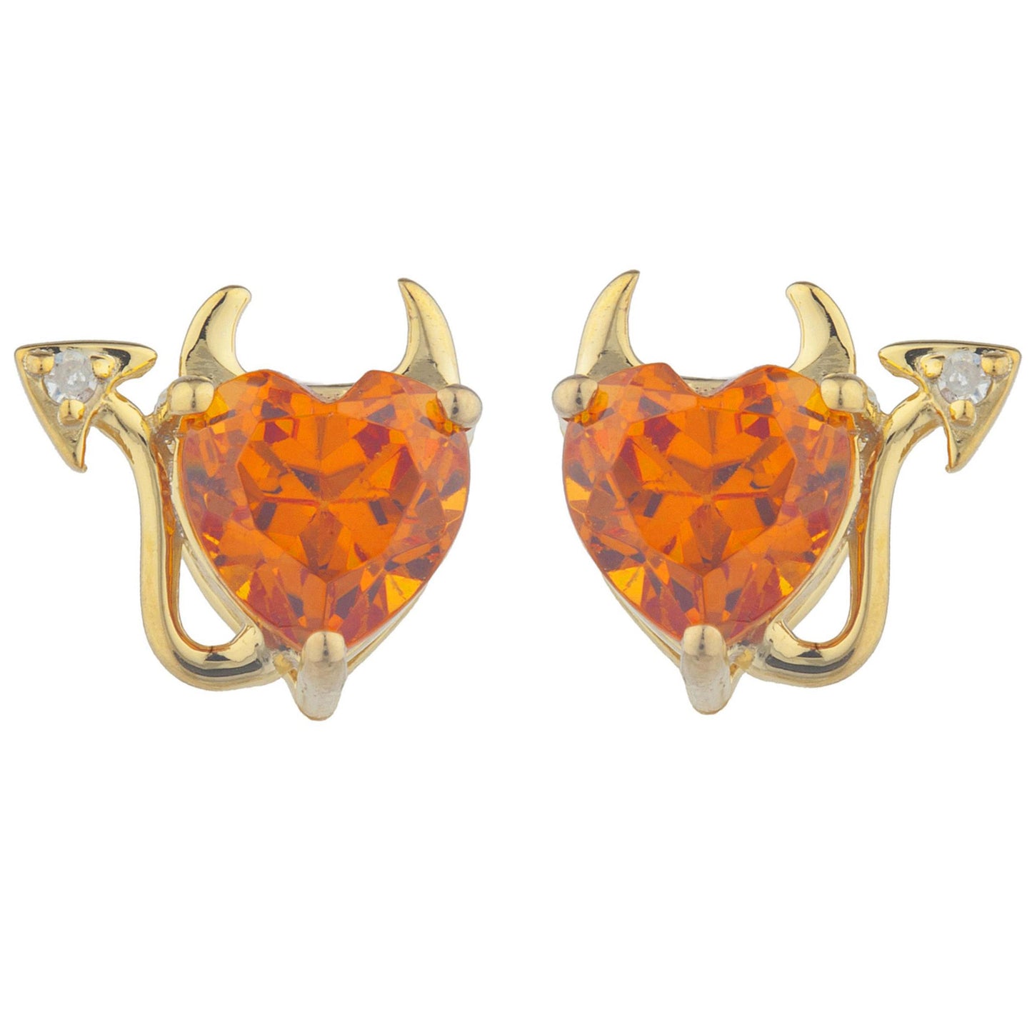 Orange Citrine & Diamond Devil Heart Stud Earrings 14Kt Yellow Gold Plated