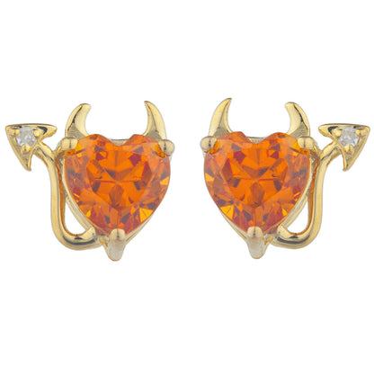 Orange Citrine & Diamond Devil Heart Stud Earrings 14Kt Yellow Gold Plated