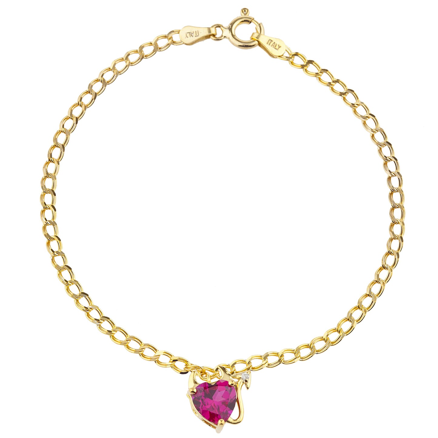 14Kt Yellow Gold Plated Created Ruby & Diamond Devil Heart Bracelet