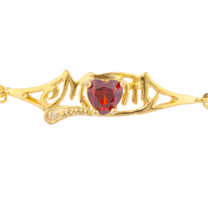 Garnet & Diamond Heart Mom Bracelet 14Kt Yellow Gold Plated Over .925 Sterling Silver