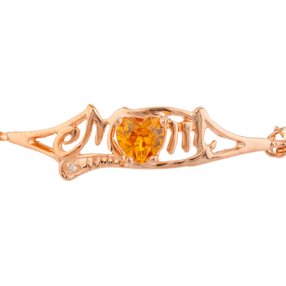 Orange Citrine & Diamond Heart Mom Bracelet 14Kt Rose Gold Plated Over .925 Sterling Silver