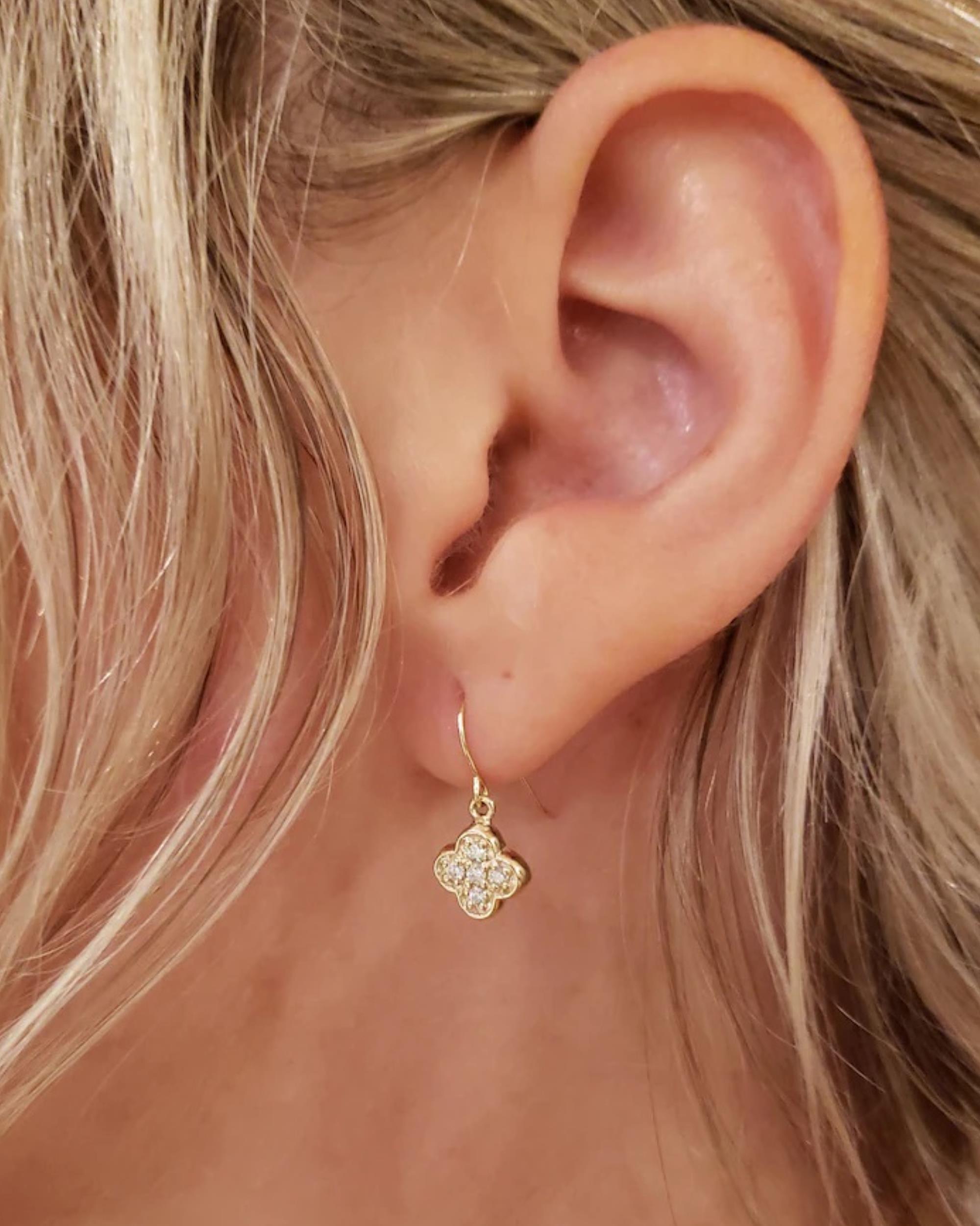14Kt Gold Clover Diamond Dangle Earrings
