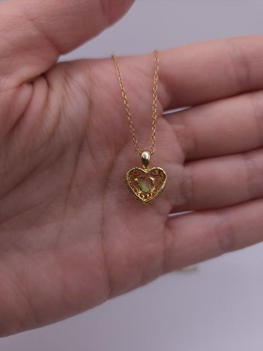 14Kt Gold Pink Opal & Diamond Heart LOVE ENGRAVED Pendant Necklace