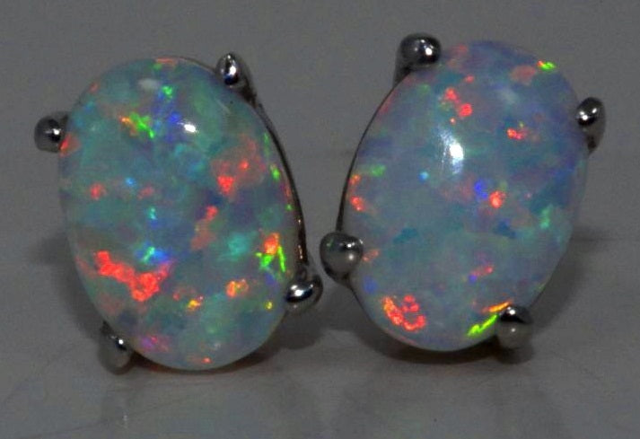 14Kt White Gold Opal Oval Stud Earrings