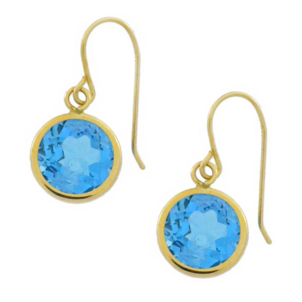 14Kt Yellow Gold Blue Topaz 6mm Round Bezel Dangle Earrings