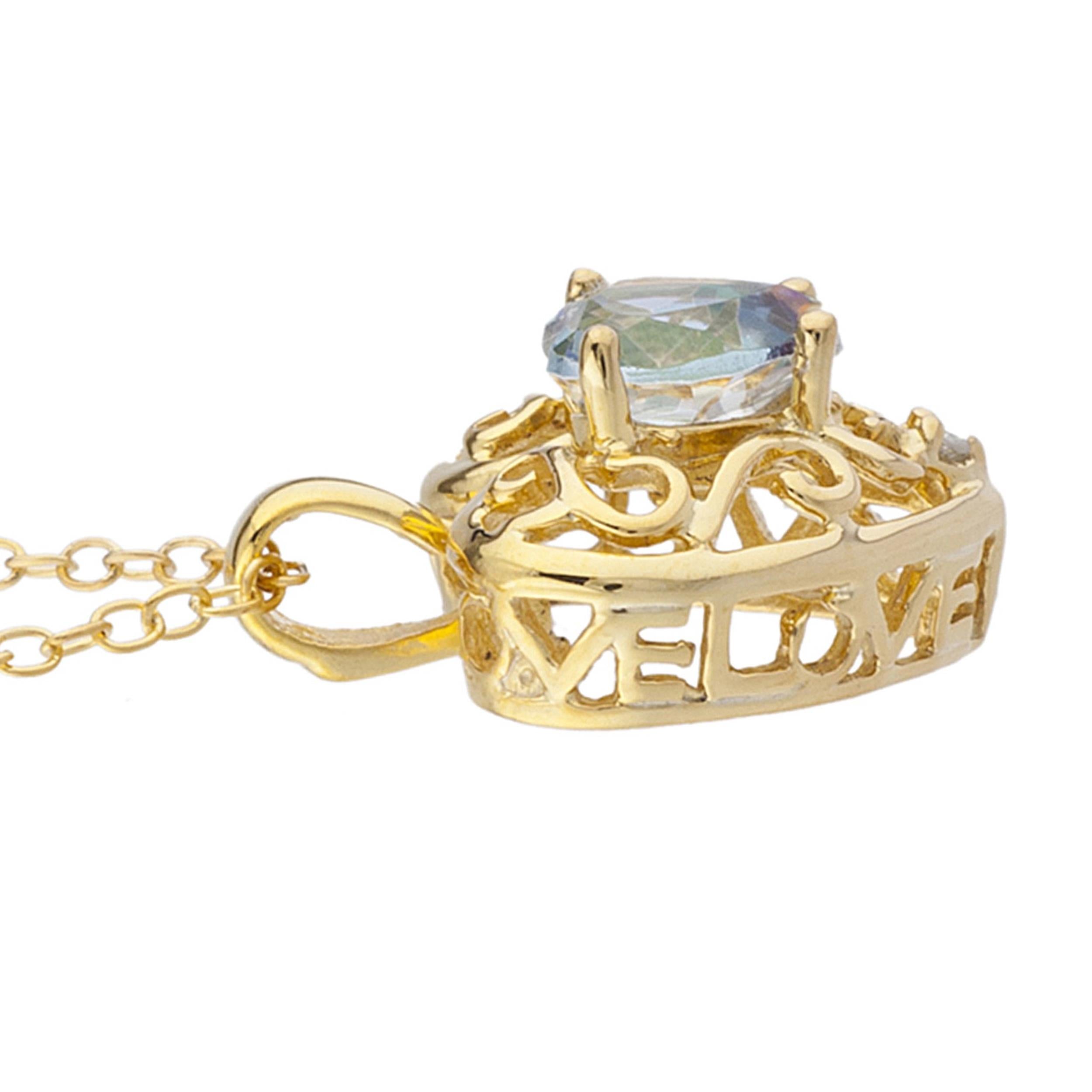 14Kt Gold Natural Blue Mystic Topaz & Diamond Heart LOVE ENGRAVED Pendant Necklace
