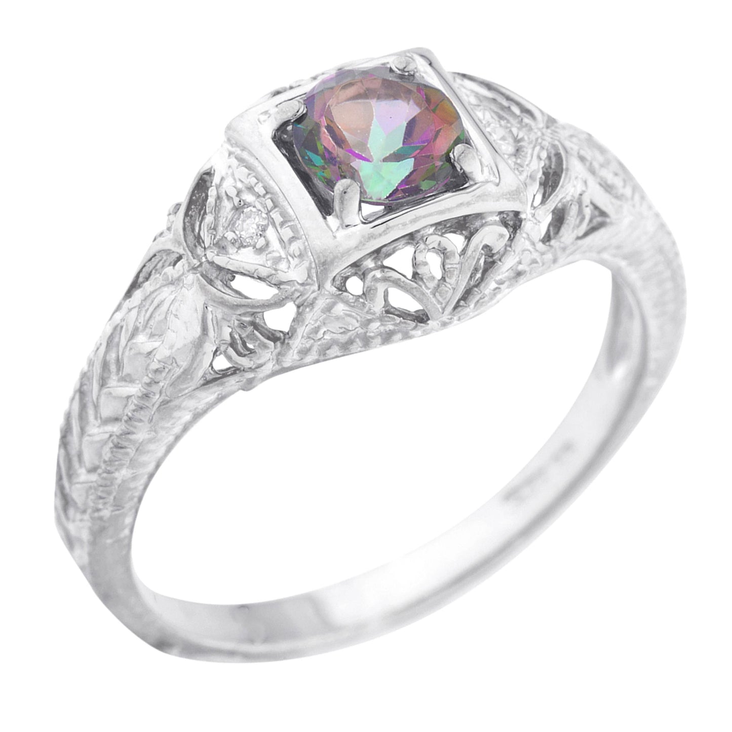 14Kt Gold Natural Mystic Topaz & Diamond Design Round Ring