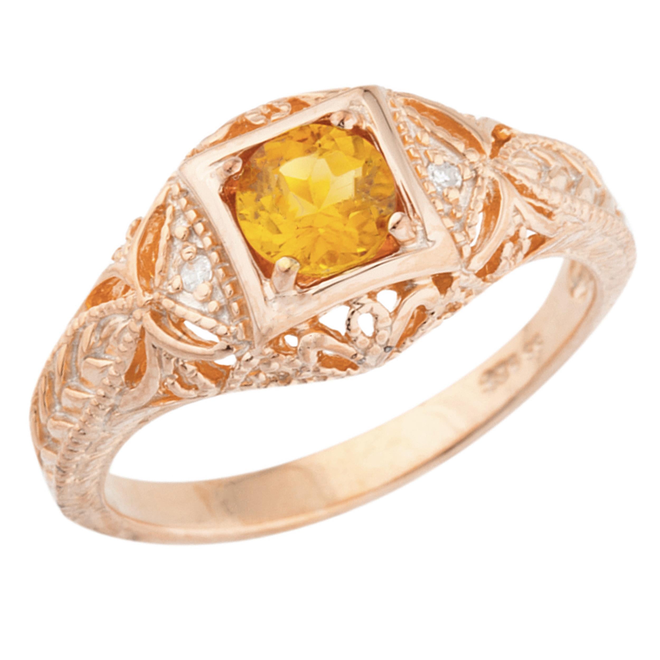 14Kt Gold Orange Citrine & Diamond Design Round Ring