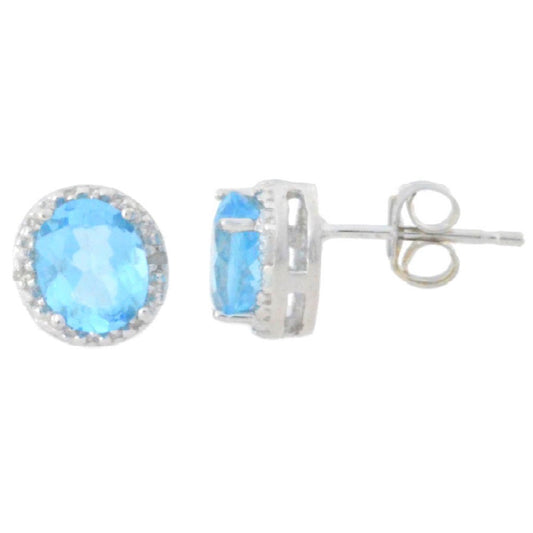 2 Ct Blue Topaz & Diamond Round Stud Earrings .925 Sterling Silver