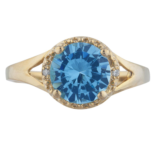 14Kt Gold 2 Ct Blue Topaz & Diamond Halo Design Round Ring