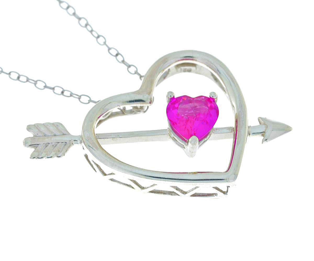 Pink Sapphire Heart Bow & Arrow Pendant .925 Sterling Silver Rhodium Finish