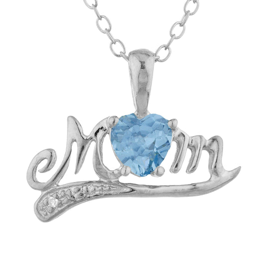 0.50 Ct Blue Topaz & Diamond Heart Mom Pendant .925 Sterling Silver