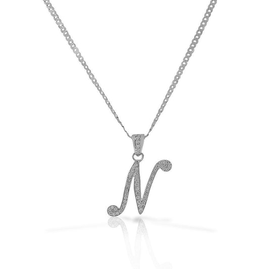 Letter N Cursive Initial CZ Pendant .925 Sterling Silver