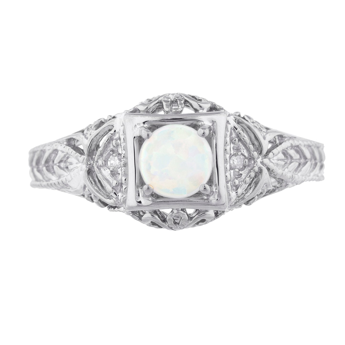 14Kt Gold Genuine Opal & Diamond Design Round Ring