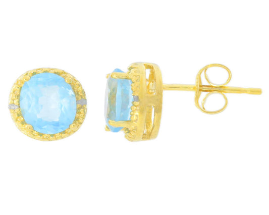 2 Ct Blue Topaz & Diamond Round Stud Earrings 14Kt Yellow Gold Plated